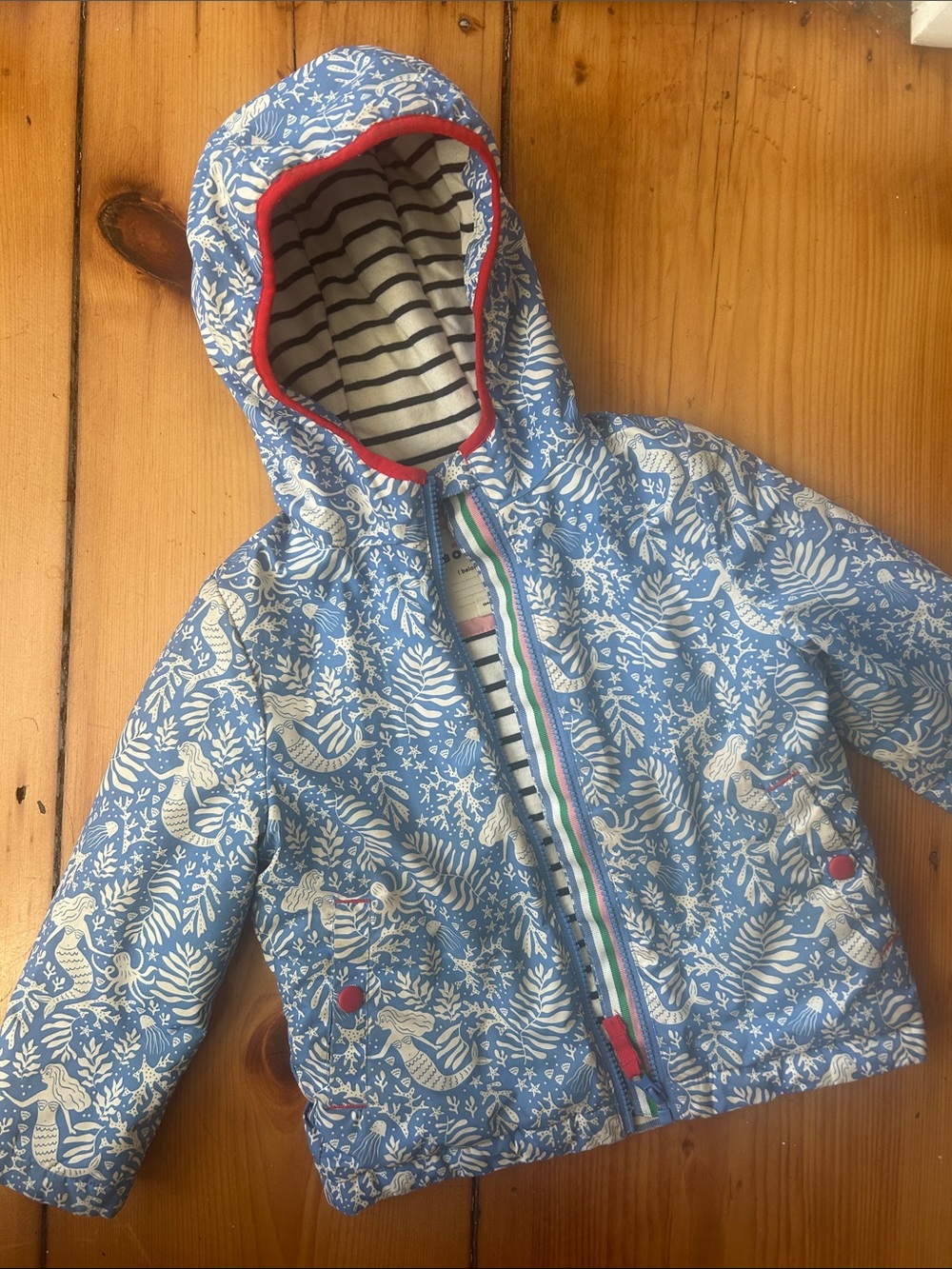 Mini Boden Blue Hooded lined Kids Raincoat with White Mermaids